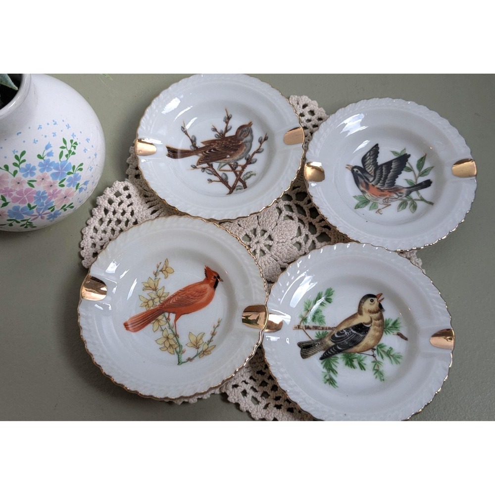 Vintage Japanese Bird Ashtrays Set of 4 Hand Painted Porcelain Gold Trim